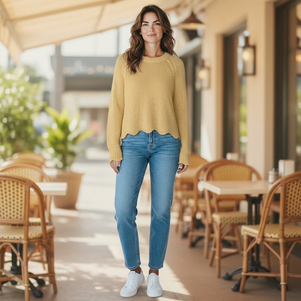 Cotton Emporium Light Yellow Textured Open Knit Boxy Sweater, Women's Medium